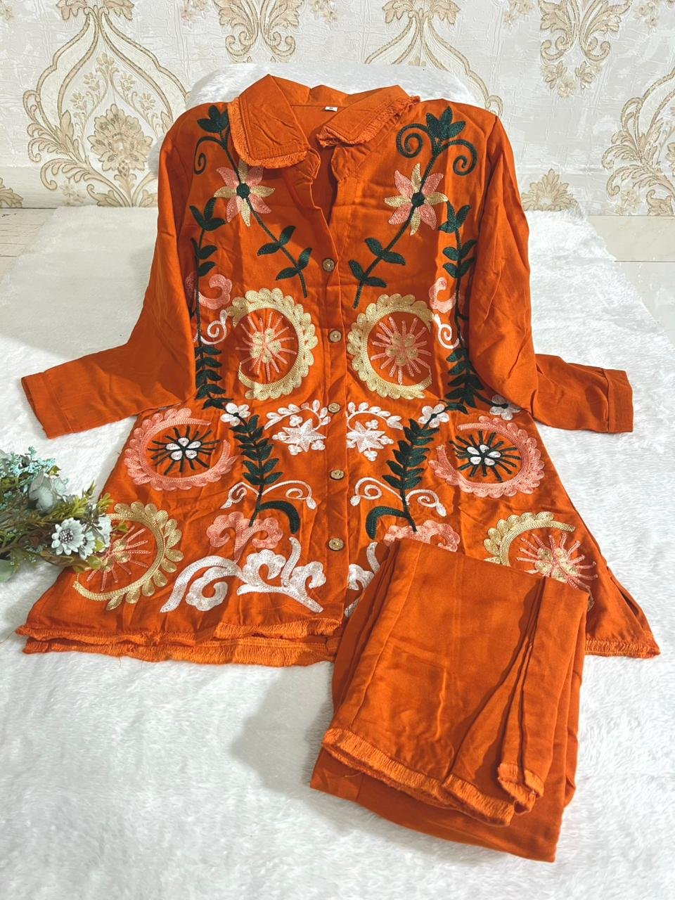 New designer Tesla Slub Cotton co-ord set Embroidery Work with Fumka Lace work