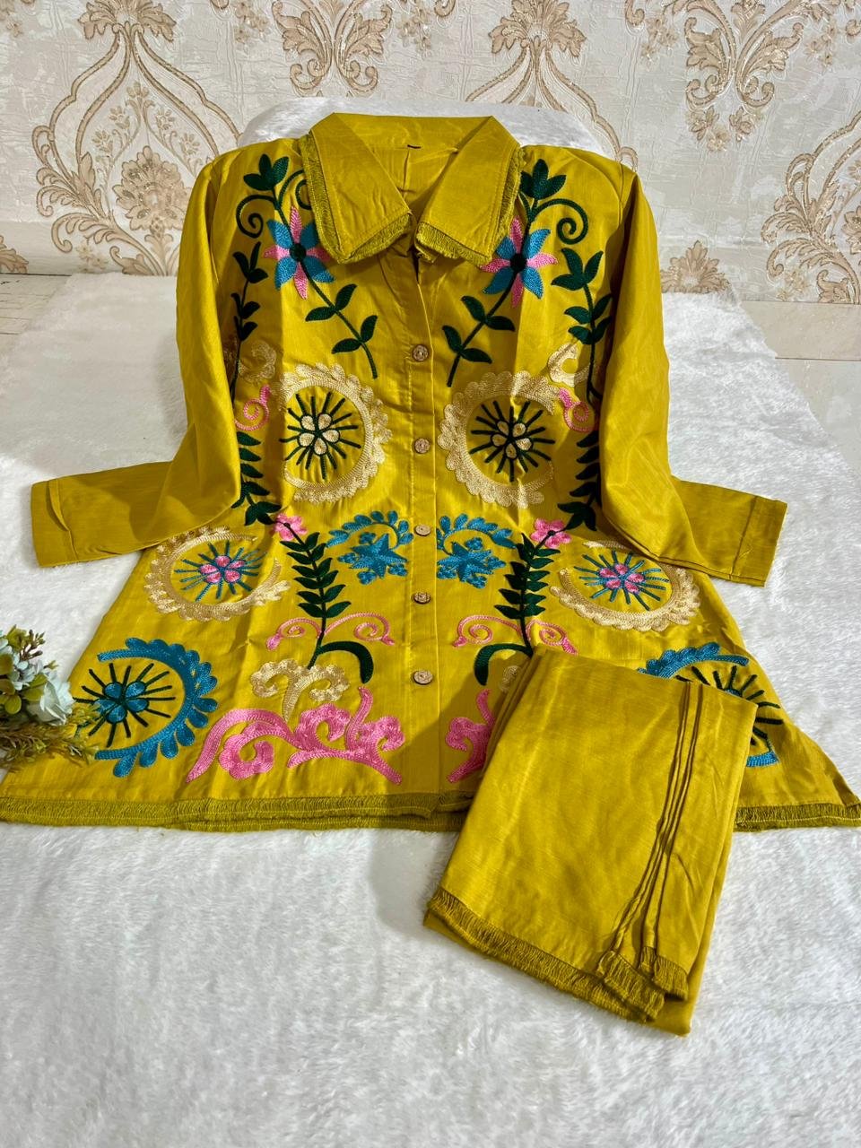 New designer Tesla Slub Cotton co-ord set Embroidery Work with Fumka Lace work - Image 3