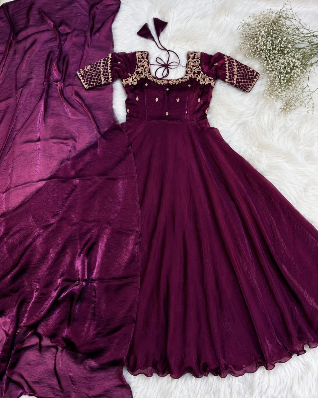 This outfit made Premium Fendy Satin fabric with beautiful Embroidery Sequence Work Gown with Dupatta - Image 6