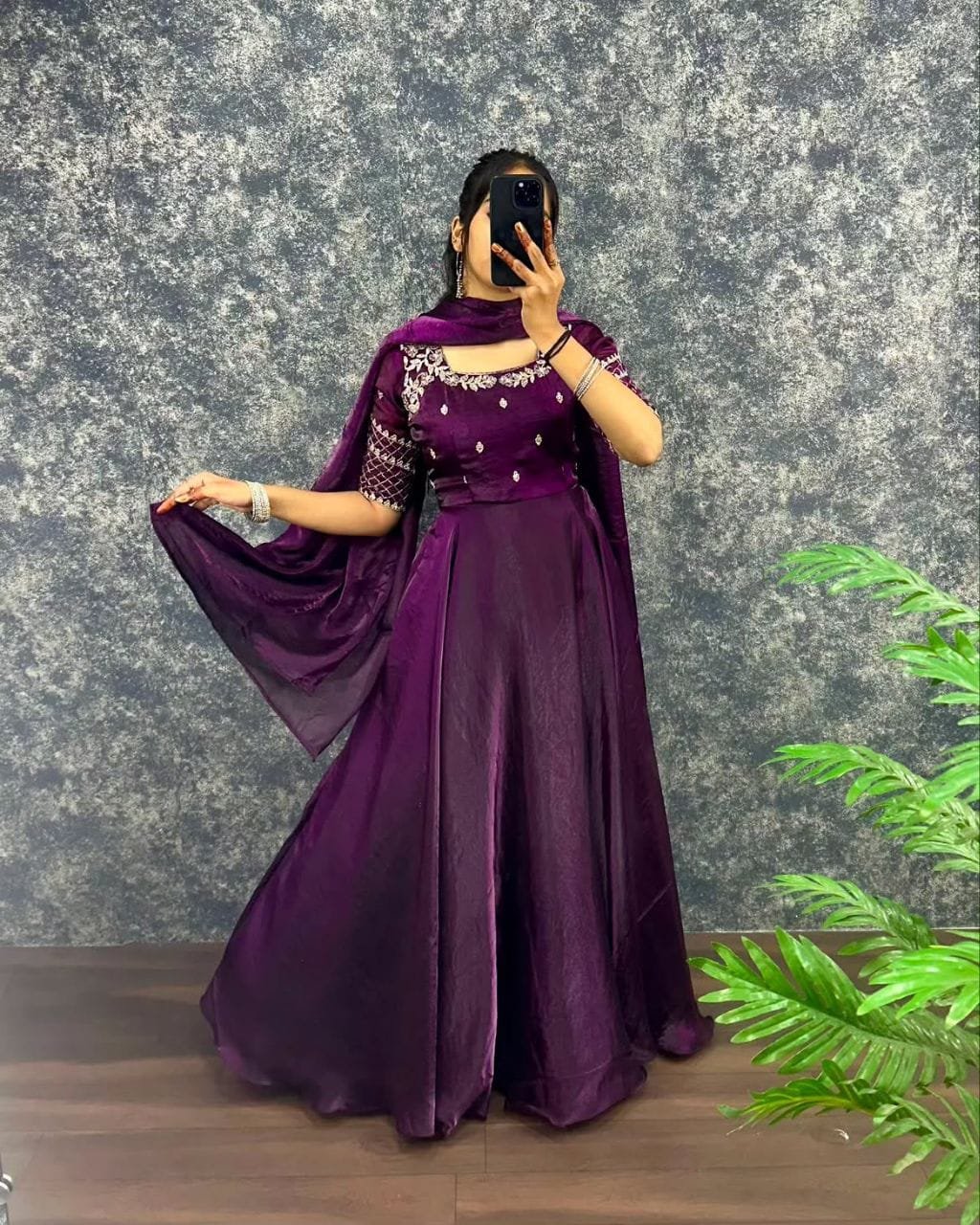This outfit made Premium Fendy Satin fabric with beautiful Embroidery Sequence Work Gown with Dupatta - Image 5