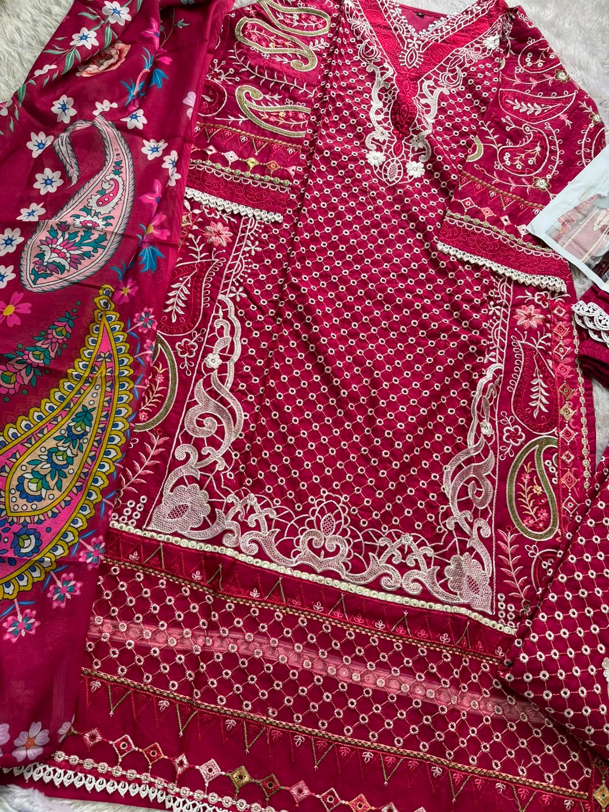 Cambric cotton full heavy work embroidered kameez - Image 2