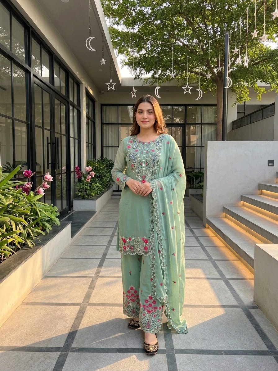 NEW DESIGNER WEAR HEAVY EMBROIDERY SEQUENCE WORK 3 PIS SUIT SET - Image 5
