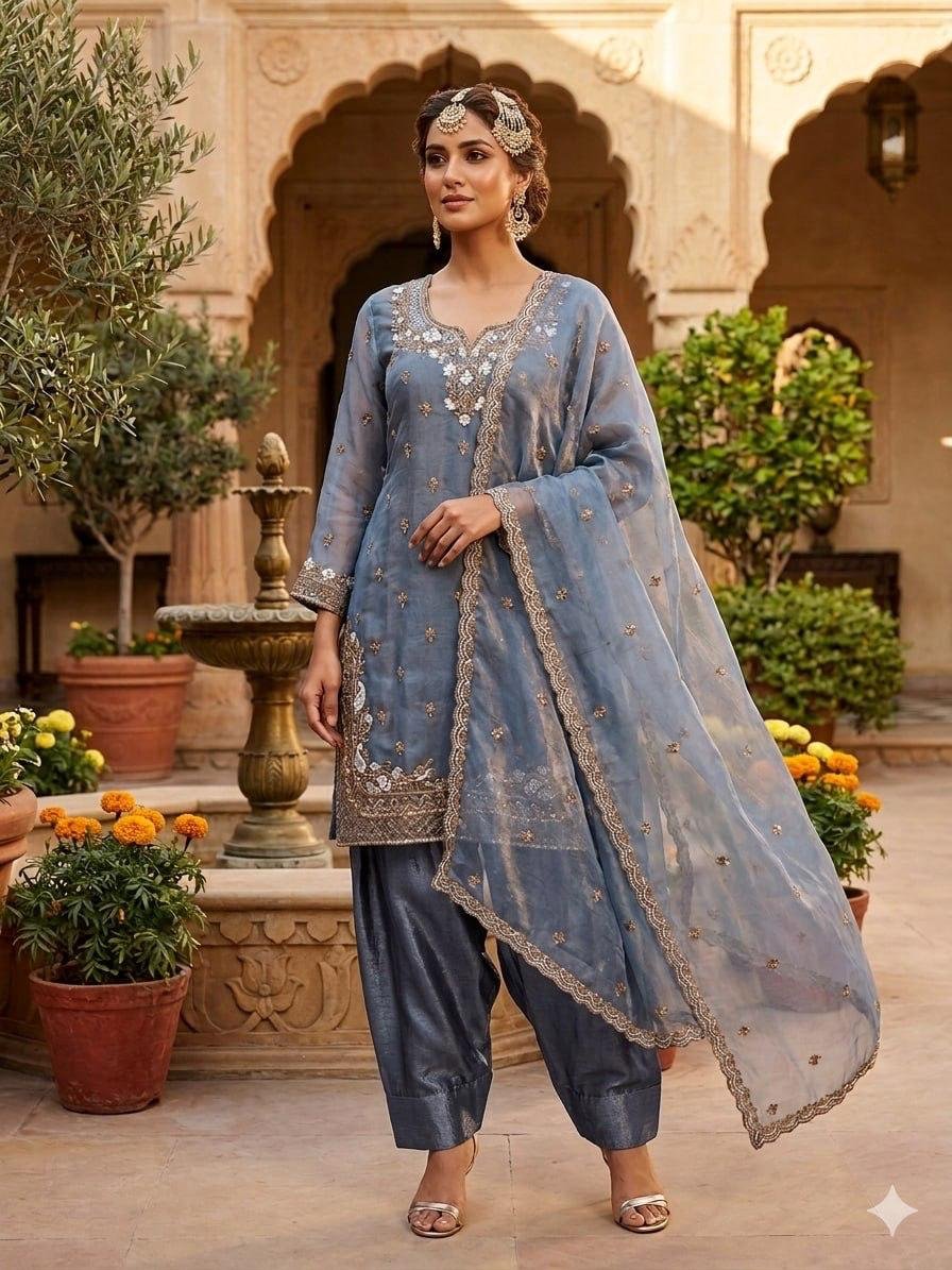FESTIVAL SEASON LUNCH NEW DESIGNER HEAVY EMBROIDERY SEQUENCE WORK ON FENDY FABRIC TOP FARSHI PLAZZO AND DUPATTA SET