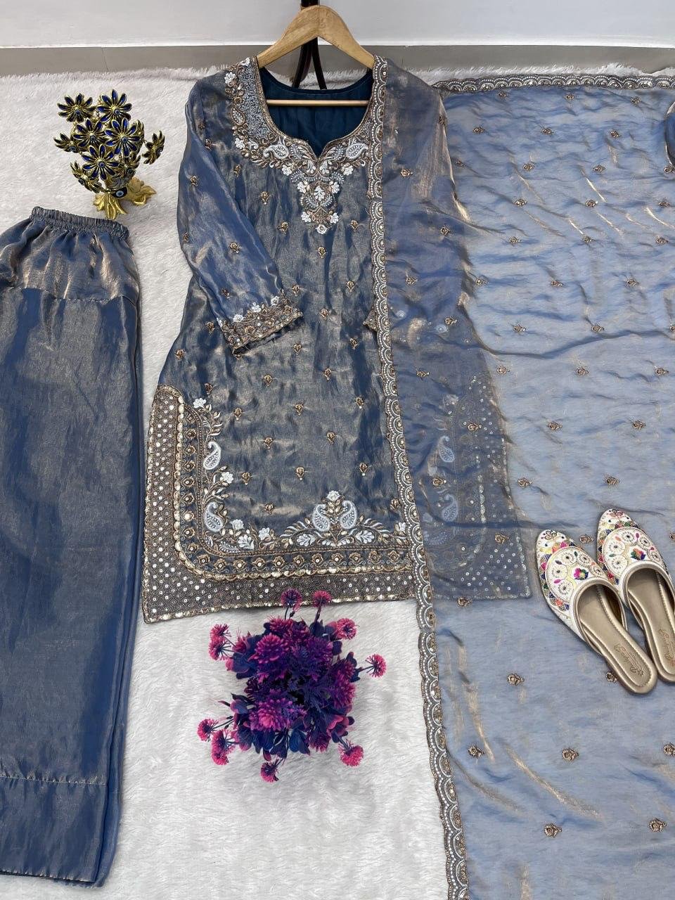 FESTIVAL SEASON LUNCH NEW DESIGNER HEAVY EMBROIDERY SEQUENCE WORK ON FENDY FABRIC TOP FARSHI PLAZZO AND DUPATTA SET - Image 2