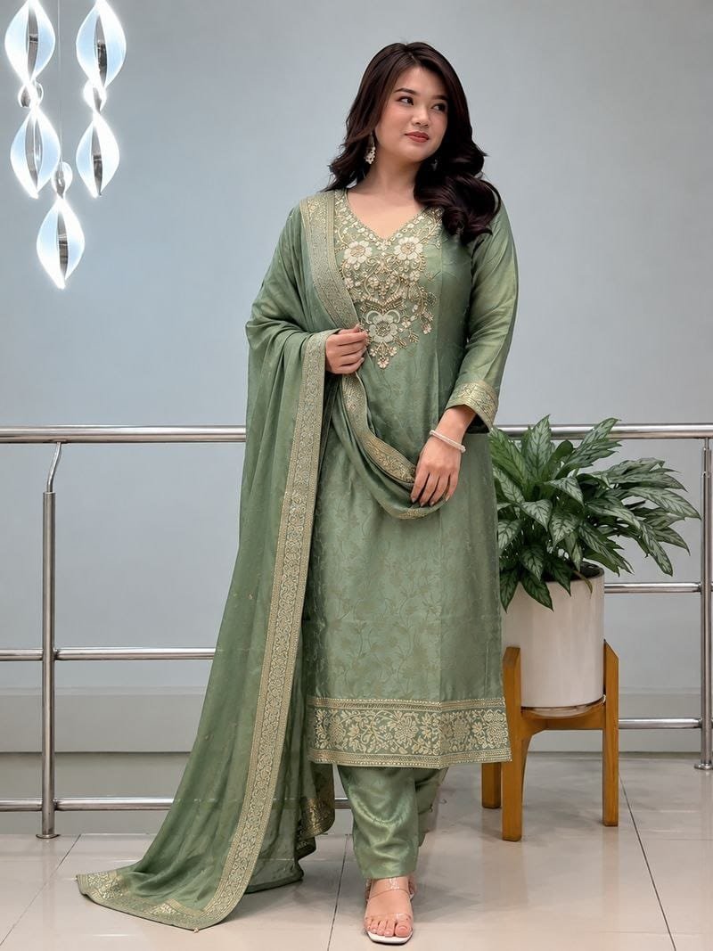 NEW ARRIVALS Summer Special PURE MALAY GLASS TISSUE WITH KANJIVARAM HANDK WORK NACK 3 piece Set collection is Arrived