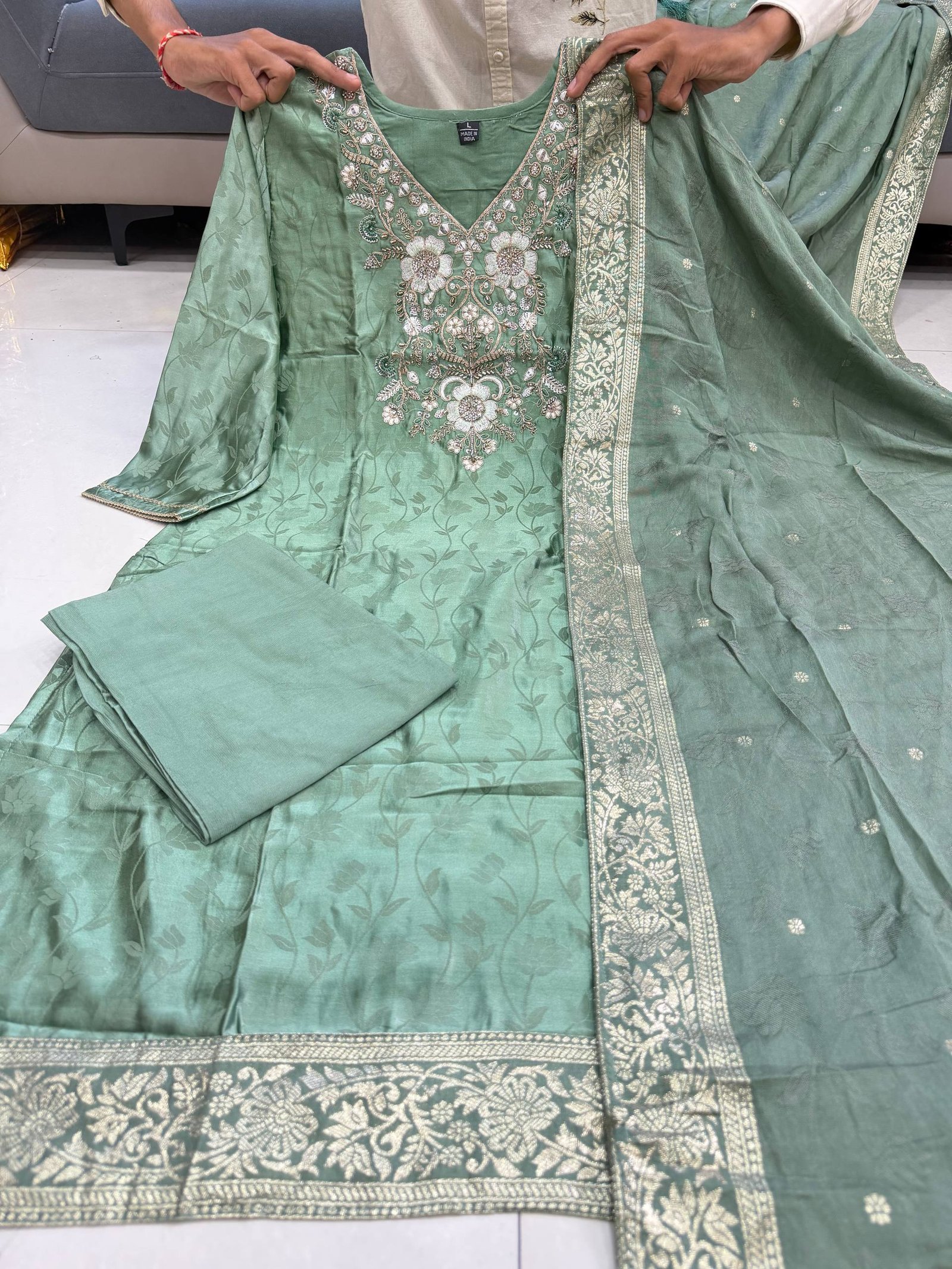 NEW ARRIVALS Summer Special PURE MALAY GLASS TISSUE WITH KANJIVARAM HANDK WORK NACK 3 piece Set collection is Arrived - Image 2