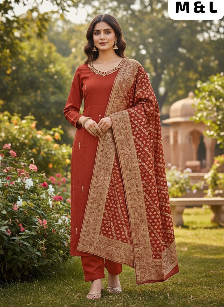 Premium Roman SilK Round Neck Kurti With Pant and z-card Duppata With four side traditional LatkaN