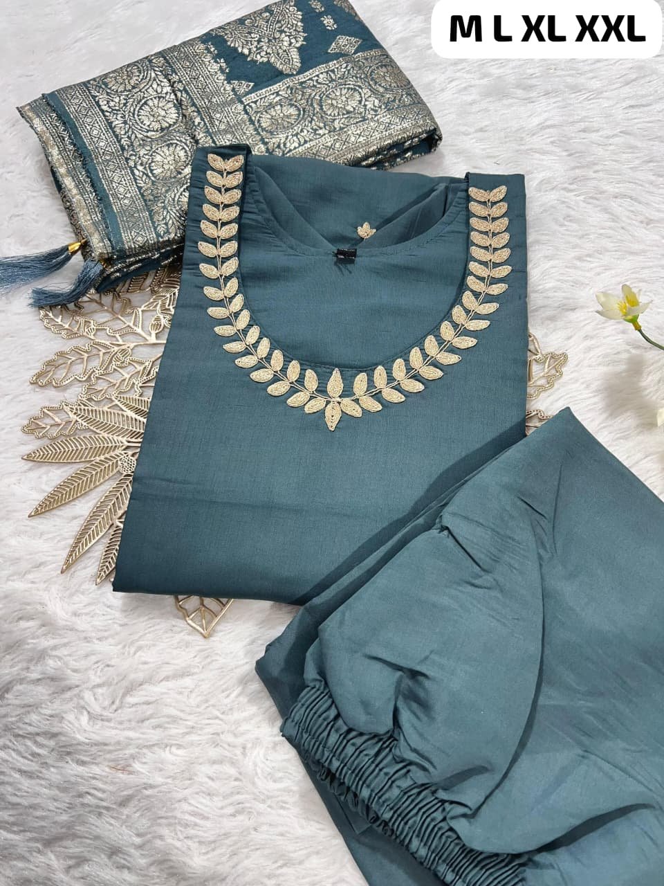 Premium Roman SilK Round Neck Kurti With Pant and z-card Duppata With four side traditional LatkaN - Image 6