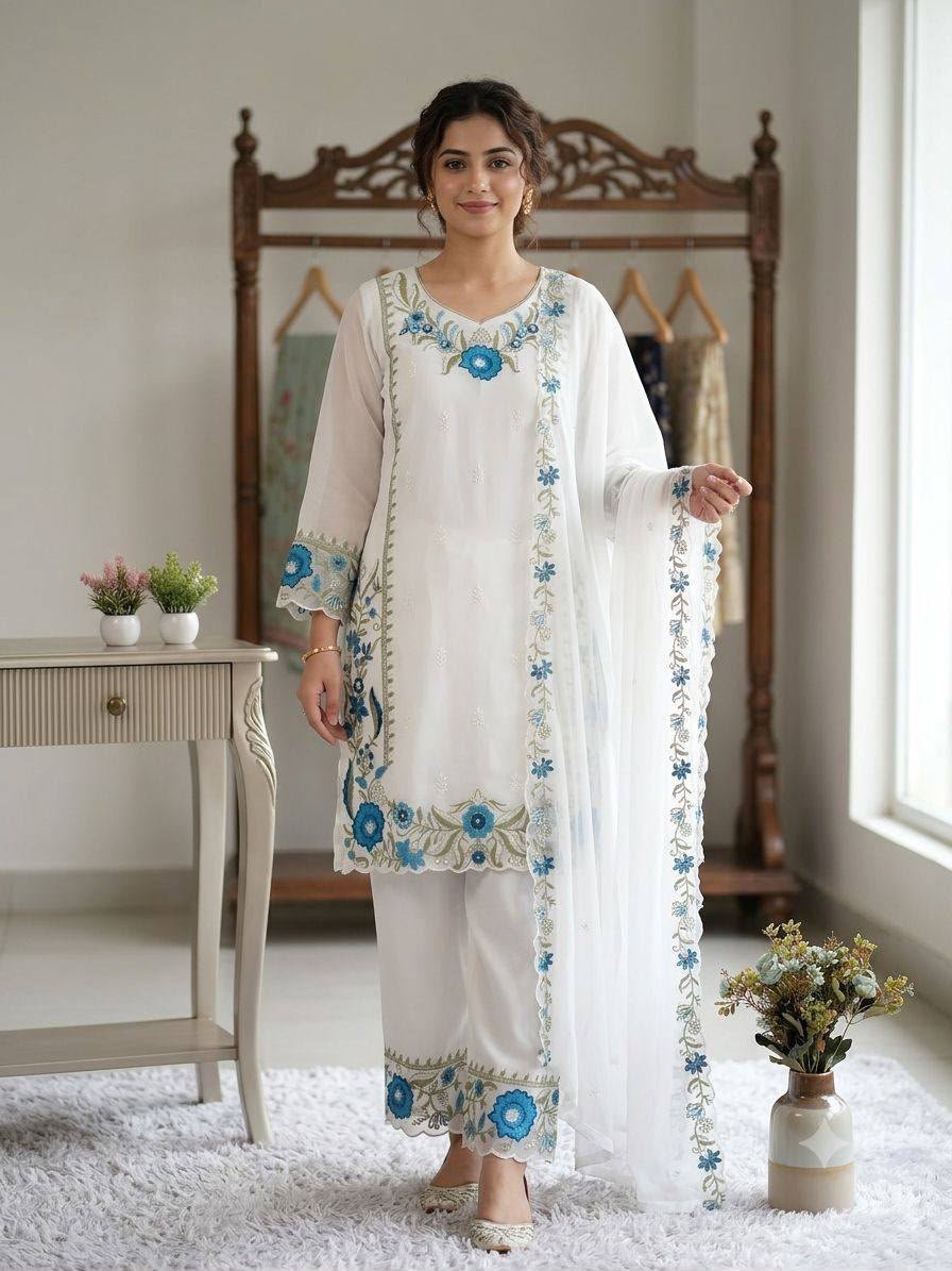 THIS SESSION WEAR OUR BEAUTIFUL EMBROIDERED TOP , PLAZZO WITH DUPATTA IN 3 BEAUTIFUL COLOURS - Image 3