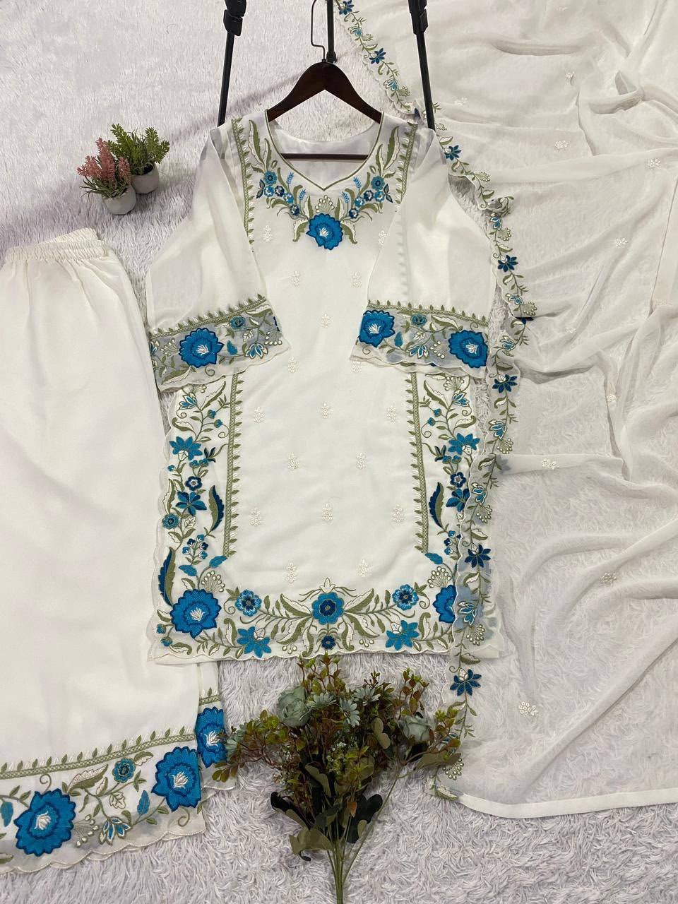 THIS SESSION WEAR OUR BEAUTIFUL EMBROIDERED TOP , PLAZZO WITH DUPATTA IN 3 BEAUTIFUL COLOURS - Image 4