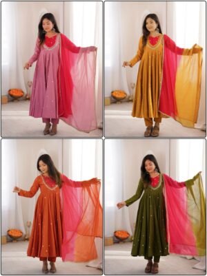 Elegant Embroidered Sequence With Real Mirror Designer Anarkali Three Piece Set
