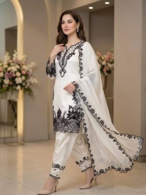 HANIA AMIR INSPIRED BAKRA EID WEAR OUR SEQUENCE EMBROIDERY WORKED TOP, FARSHI SALWAAR WITH DUPATTA