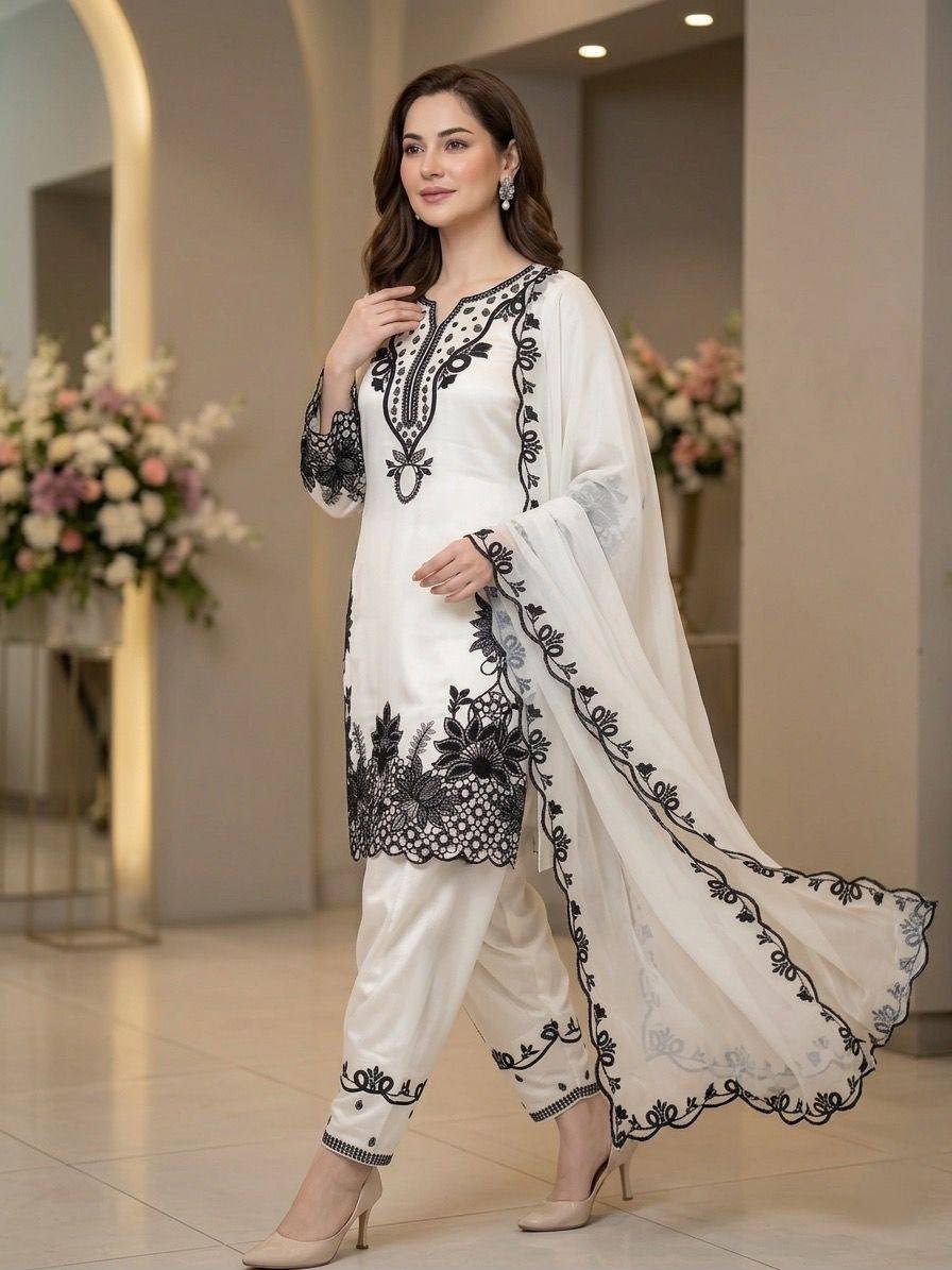 HANIA AMIR INSPIRED BAKRA EID WEAR OUR SEQUENCE EMBROIDERY WORKED TOP, FARSHI SALWAAR WITH DUPATTA
