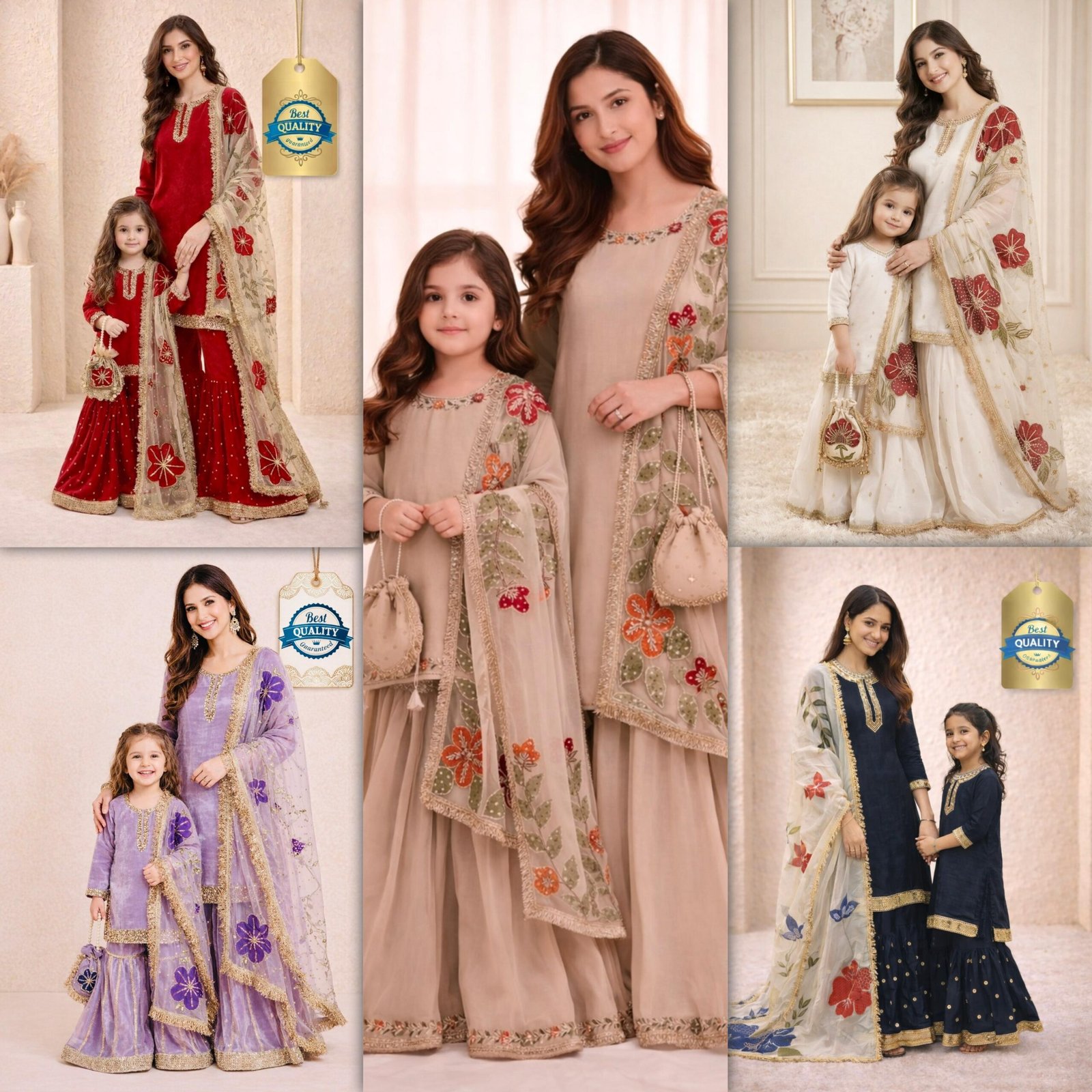 Trending New Đěsigner Mom-Daughter Combo GMY SILK Top Sharara & Dupatta Set - Image 8