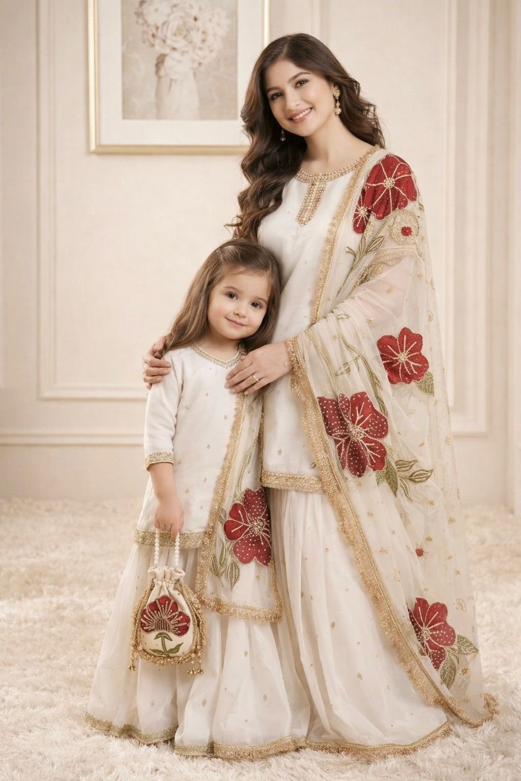 Trending New Đěsigner Mom-Daughter Combo GMY SILK Top Sharara & Dupatta Set - Image 3
