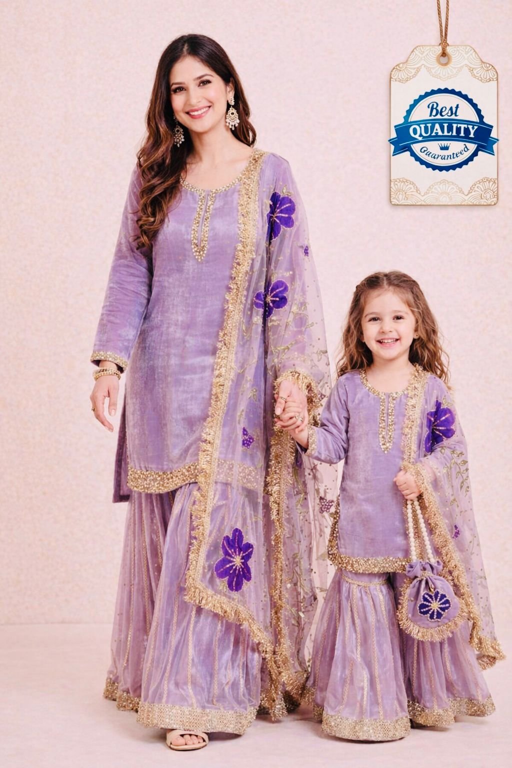 Trending New Đěsigner Mom-Daughter Combo GMY SILK Top Sharara & Dupatta Set - Image 5