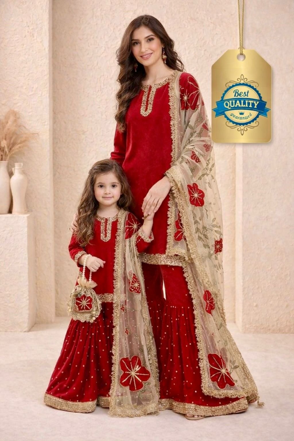 Trending New Đěsigner Mom-Daughter Combo GMY SILK Top Sharara & Dupatta Set
