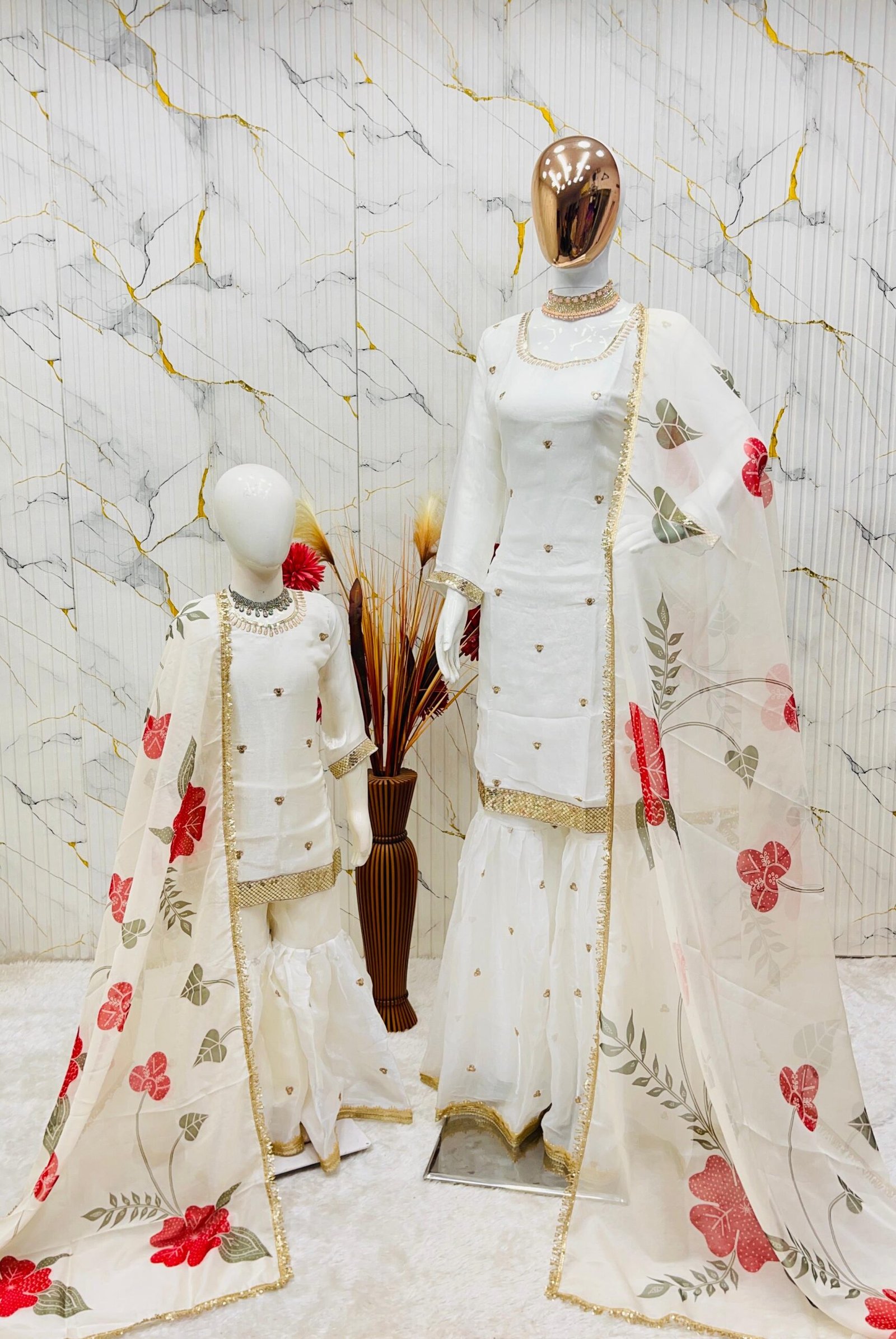 Trending New Đěsigner Mom-Daughter Combo GMY SILK Top Sharara & Dupatta Set - Image 4