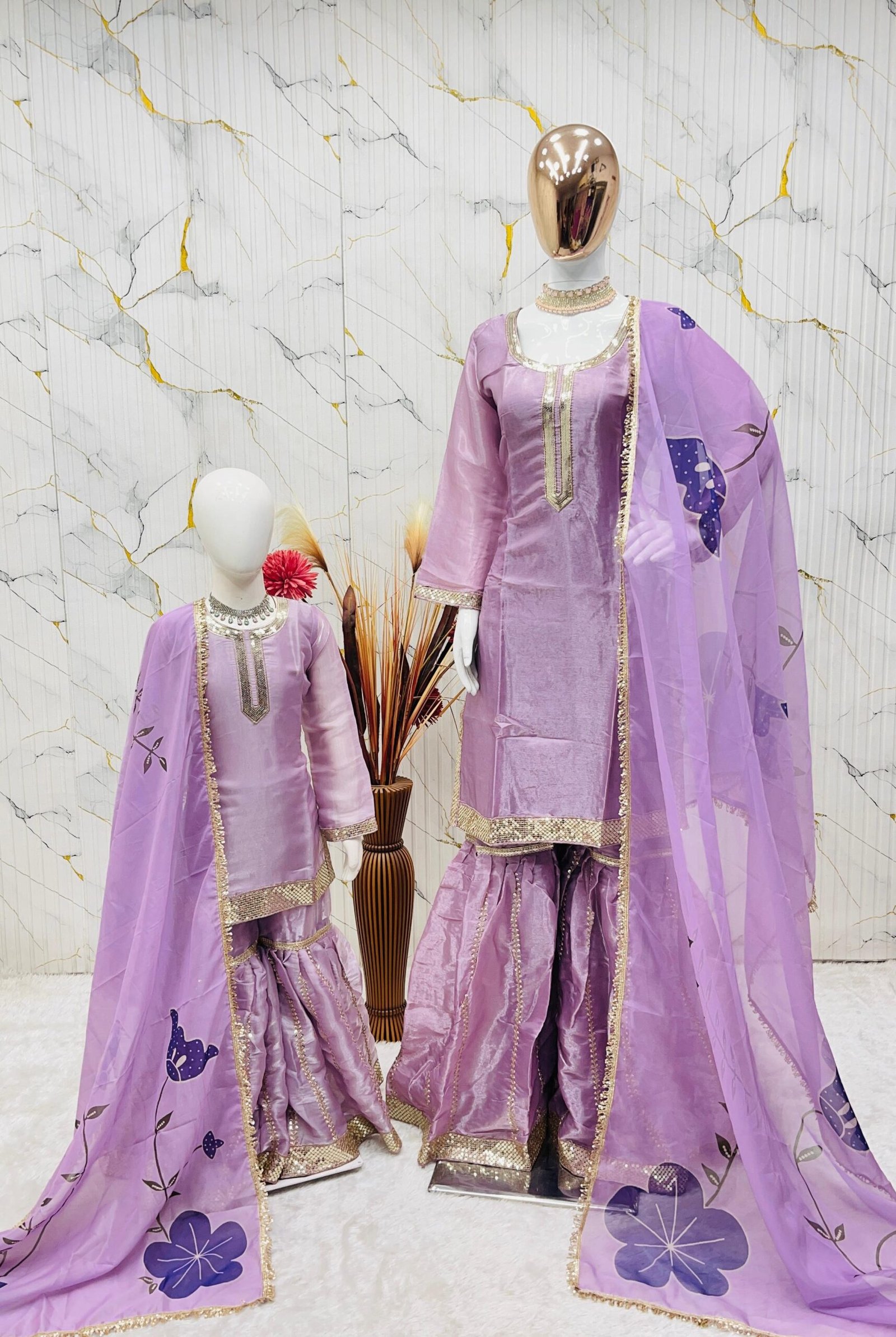 Trending New Đěsigner Mom-Daughter Combo GMY SILK Top Sharara & Dupatta Set - Image 6