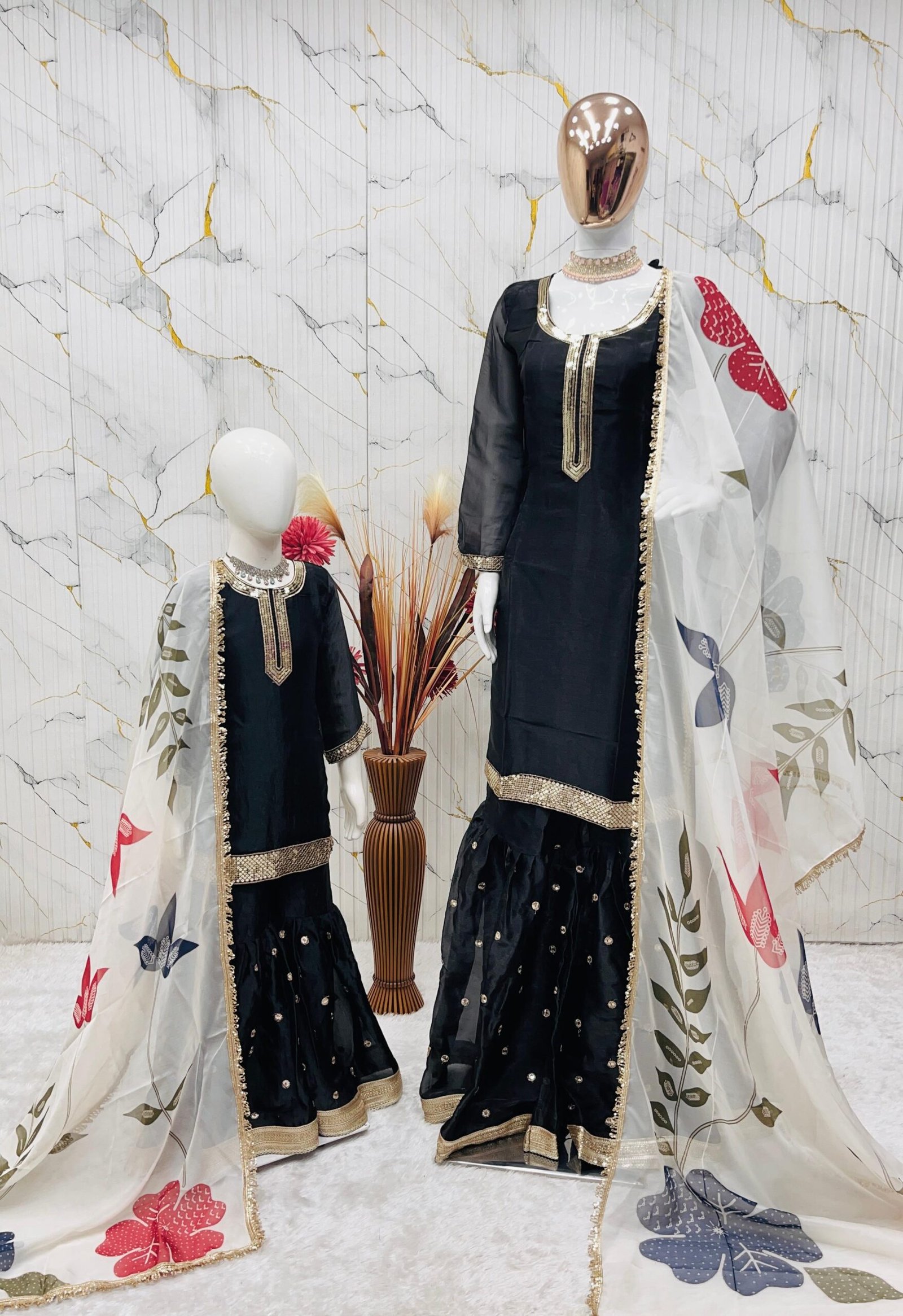 Trending New Đěsigner Mom-Daughter Combo GMY SILK Top Sharara & Dupatta Set - Image 7