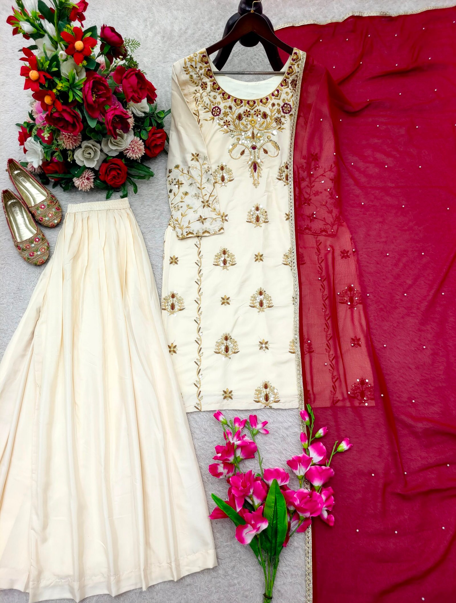 Launching New Design Trending Natural Crep Top & Sharara & Dupatta Reddy To Wear Look - Image 2