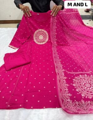 Alternative view of Elegant 3 Pcs Cord Set: This stylish kurti pant dupatta set features a vibrant kurti detailing on the yoke and a flattering pleated design. Paired with matching Pent and a complementing dupatta, it's perfect for festive and casual wear alike.