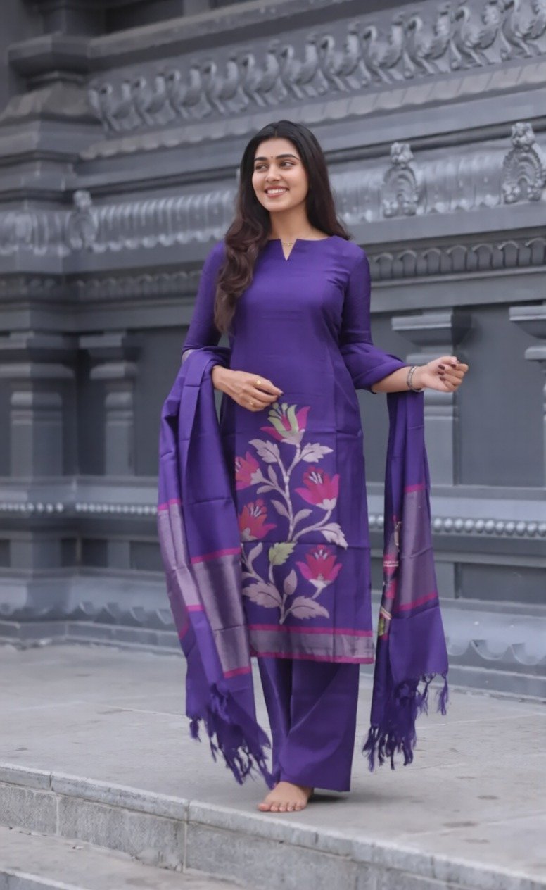 Elegant Blended Silk Fabric Calf Length Straight Kurta Set