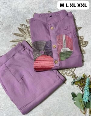 Featuring Beautiful Suit Sets in Soft Tesla Slub Cotton Top With Plazzo, it is beautifully decorated with Multi thread Embroidery & Bits work desgins