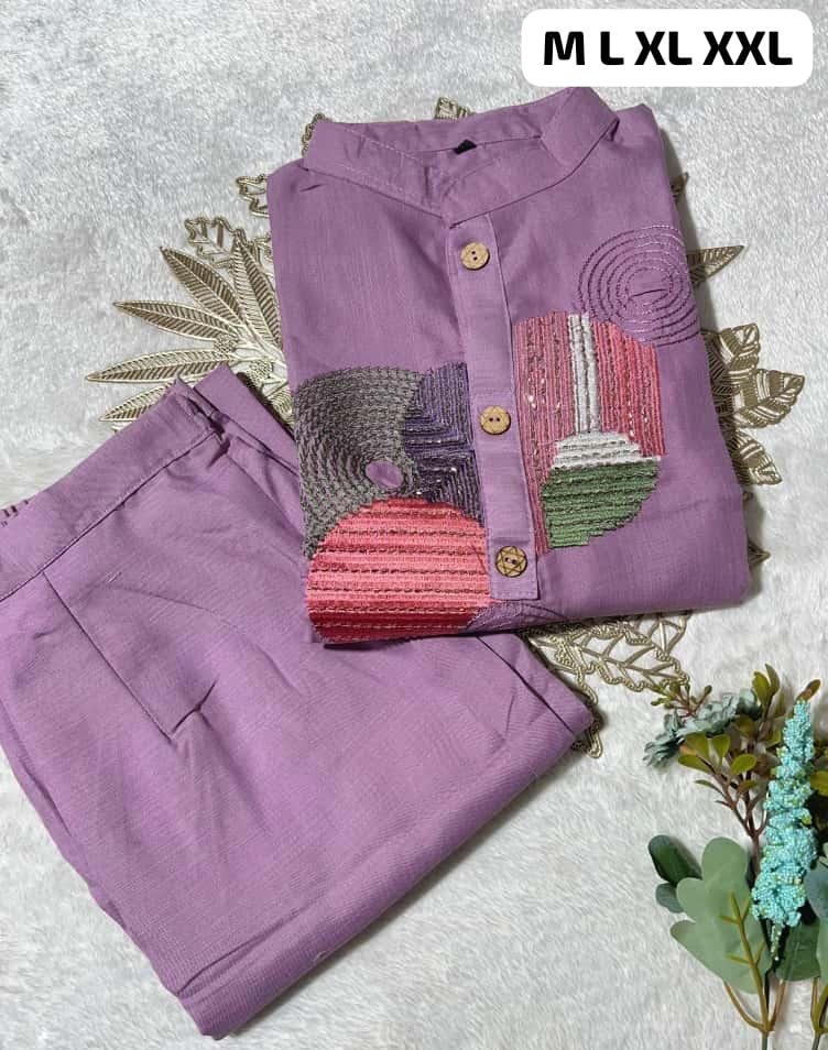Featuring Beautiful Suit Sets in Soft Tesla Slub Cotton Top With Plazzo, it is beautifully decorated with Multi thread Embroidery & Bits work desgins