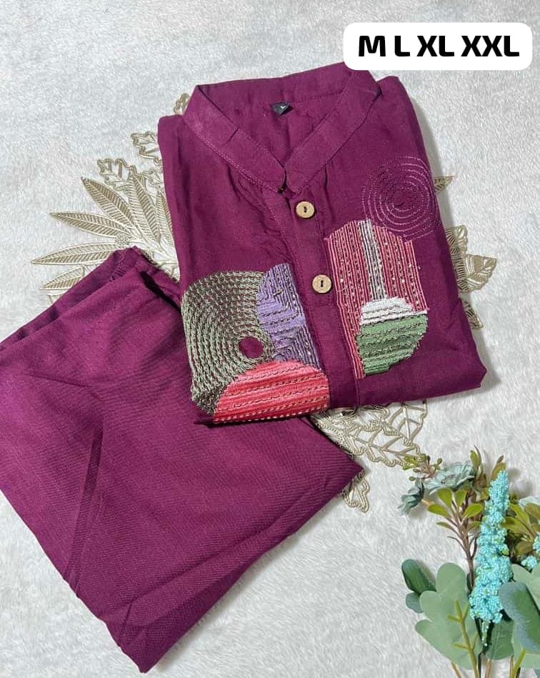 Featuring Beautiful Suit Sets in Soft Tesla Slub Cotton Top With Plazzo, it is beautifully decorated with Multi thread Embroidery & Bits work desgins - Image 2