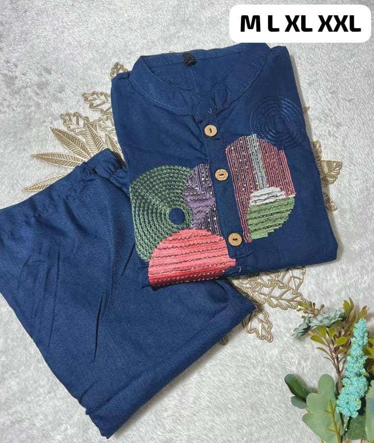 Featuring Beautiful Suit Sets in Soft Tesla Slub Cotton Top With Plazzo, it is beautifully decorated with Multi thread Embroidery & Bits work desgins - Image 6