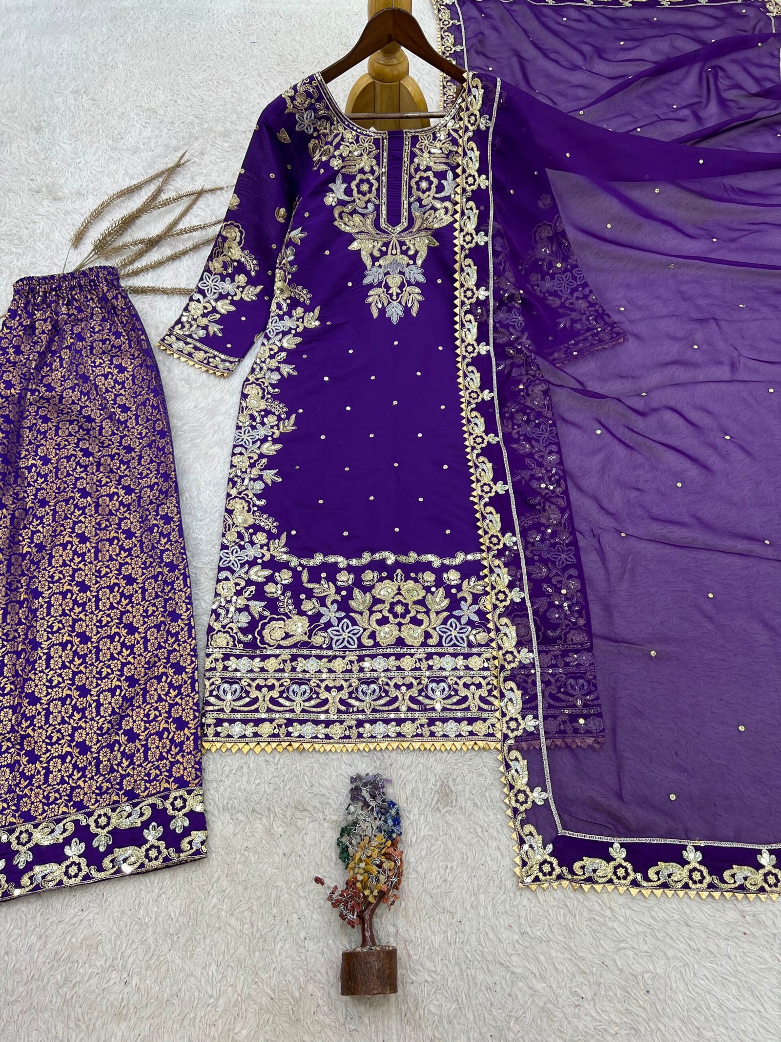 PRESERNTING NEW READY TO WEAR DESIGN HEAVY EMBROIDERY AND SEQUENCE WORK TOP - WITH JACQUARD PLAZZO WITH DUPATTA - Image 2