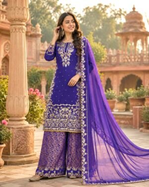 PRESERNTING NEW READY TO WEAR DESIGN HEAVY EMBROIDERY AND SEQUENCE WORK TOP - WITH JACQUARD PLAZZO WITH  DUPATTA
