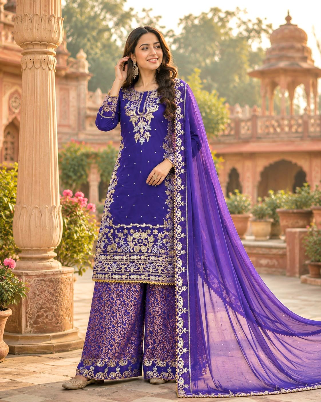 PRESERNTING NEW READY TO WEAR DESIGN HEAVY EMBROIDERY AND SEQUENCE WORK TOP - WITH JACQUARD PLAZZO WITH DUPATTA
