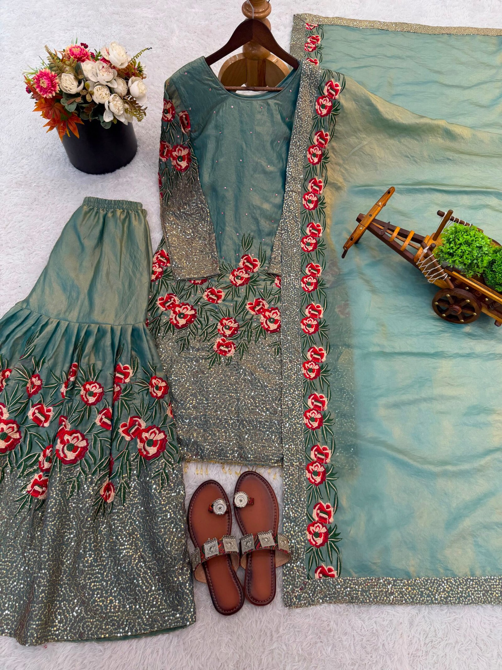 Collection In Pure Fendy Silk With Heavy Embroidery Sequence Work Top-Bottom And Dupatta Set Fully Stitched Ready To Wear - Image 4