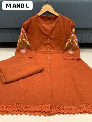Alternative view of New designer  cotton slub co-ord set embroidery in hand and back side 🪡Crotchet work lace in top Front in button