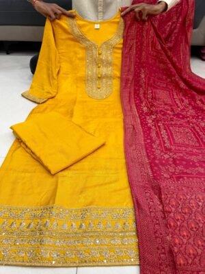 Alternative view of New Colour Added Đěsigner Pure Banarasi Jequard Wiving Top With Pent & Dupatta Set