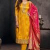 New Colour Added Đěsigner Pure Banarasi Jequard Wiving Top With Pent & Dupatta Set