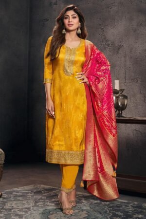 New Colour Added Đěsigner Pure Banarasi Jequard Wiving Top With Pent & Dupatta Set