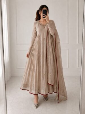 Grace meets timeless craftsmanship in this exquisite 3-piece Anarkali Kurta Set crafted from premium Mul Chanderi fabric for a soft lightweight, and luxurious fee