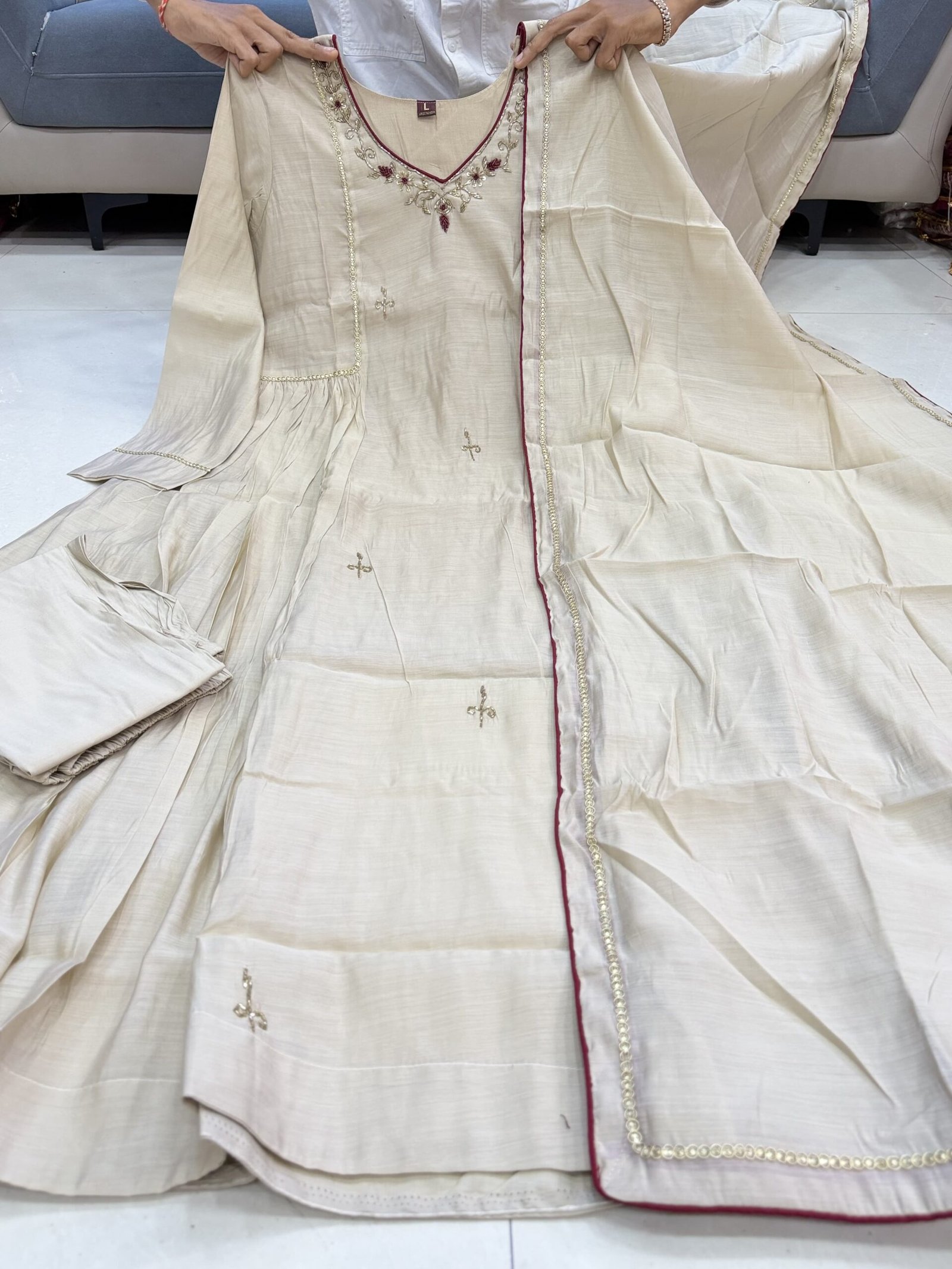 Grace meets timeless craftsmanship in this exquisite 3-piece Anarkali Kurta Set crafted from premium Mul Chanderi fabric for a soft lightweight, and luxurious fee - Image 2