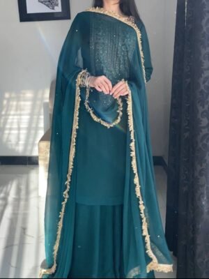 AK-Series New Designer Party Top Pallazo & Dupatta Set