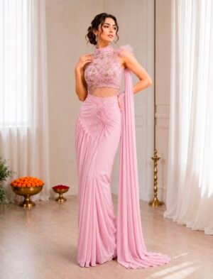 Get festive ready in our new Trending Stylish Ready to Wear Saree set  With Embroidery Work detailing.