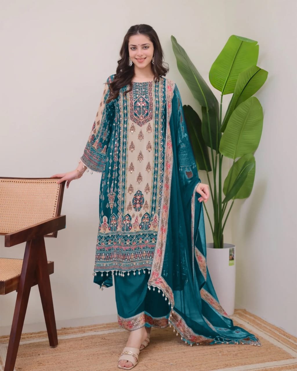 DESIGNER WEAR JAYPURI TRENDING TOP WITH PRINTED WORK WITH MIROR WORK WITH PLAZZO AND DUPATTA - Image 3