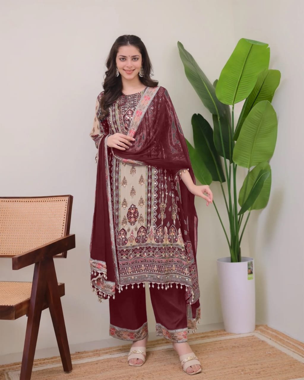 DESIGNER WEAR JAYPURI TRENDING TOP WITH PRINTED WORK WITH MIROR WORK WITH PLAZZO AND DUPATTA - Image 5