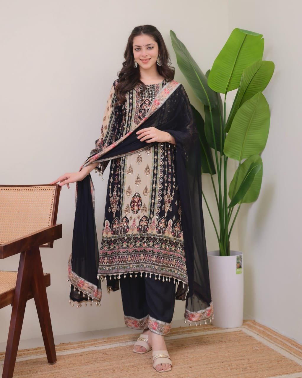 DESIGNER WEAR JAYPURI TRENDING TOP WITH PRINTED WORK WITH MIROR WORK WITH PLAZZO AND DUPATTA