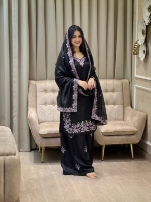 FESTIVAL SEASON LUNCH NEW DESIGNER HEAVY EMBROIDERY WORK ON FENDY FABRIC TOP PLAZZO AND DUPATTA SET