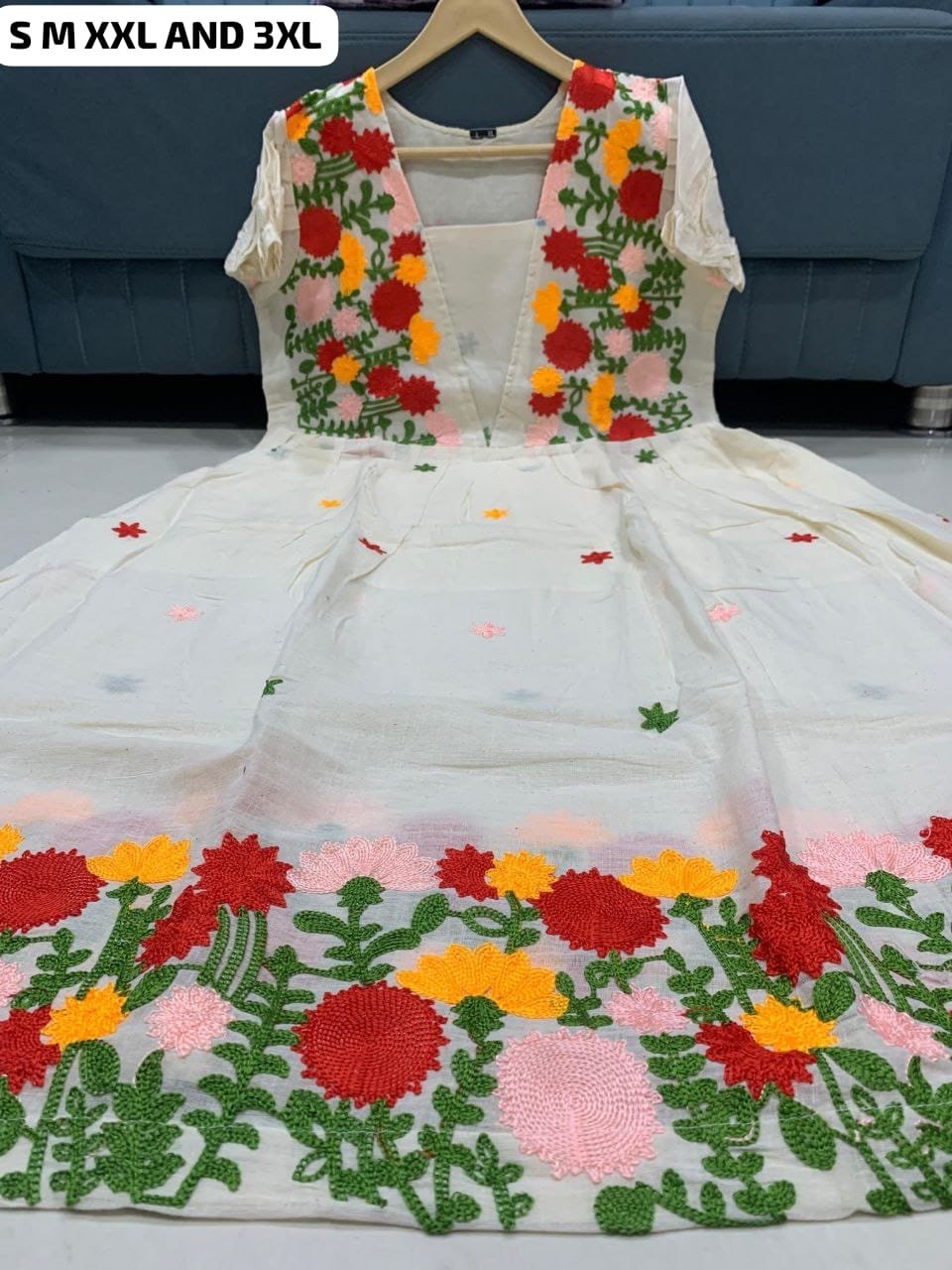 Launching Super Hit Collection, Designer kora Cotton with multicolour thread work Midi Dress. A Beautiful Blend Of elegance and Charm For This Party's and festival.