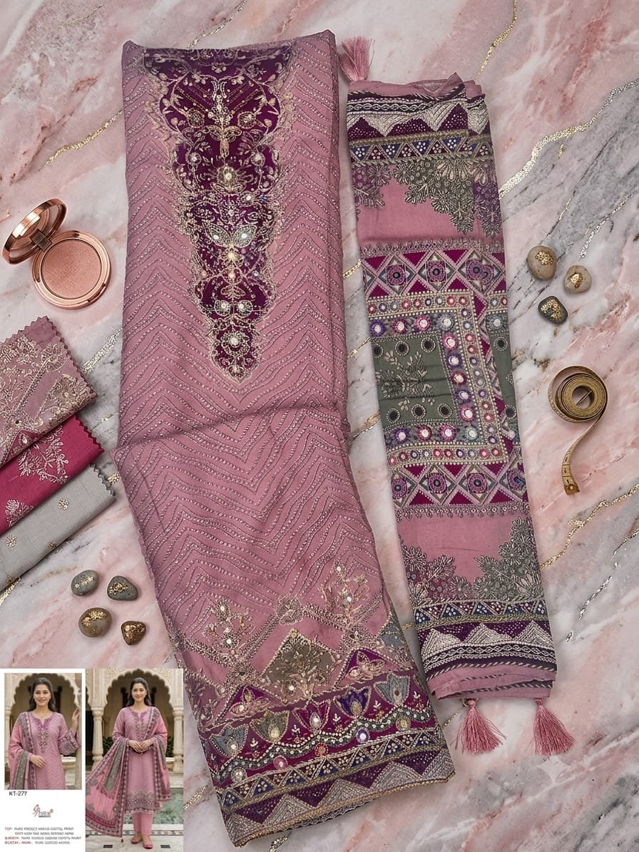 Pure viscous Maslin digital print and hand work - Image 2
