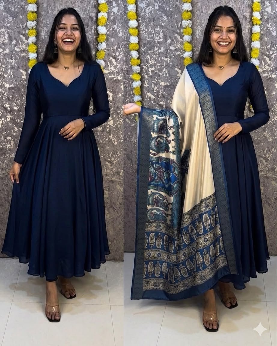 Launching beautiful plain vichithra anarkali with trending kalamkari dupata - Image 3